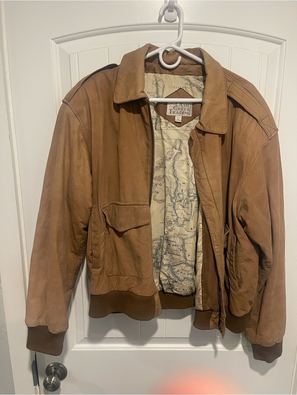 Vintage 90s Ash Creek Trading Genuine Leather Bomber Jacket Map Lining XL
